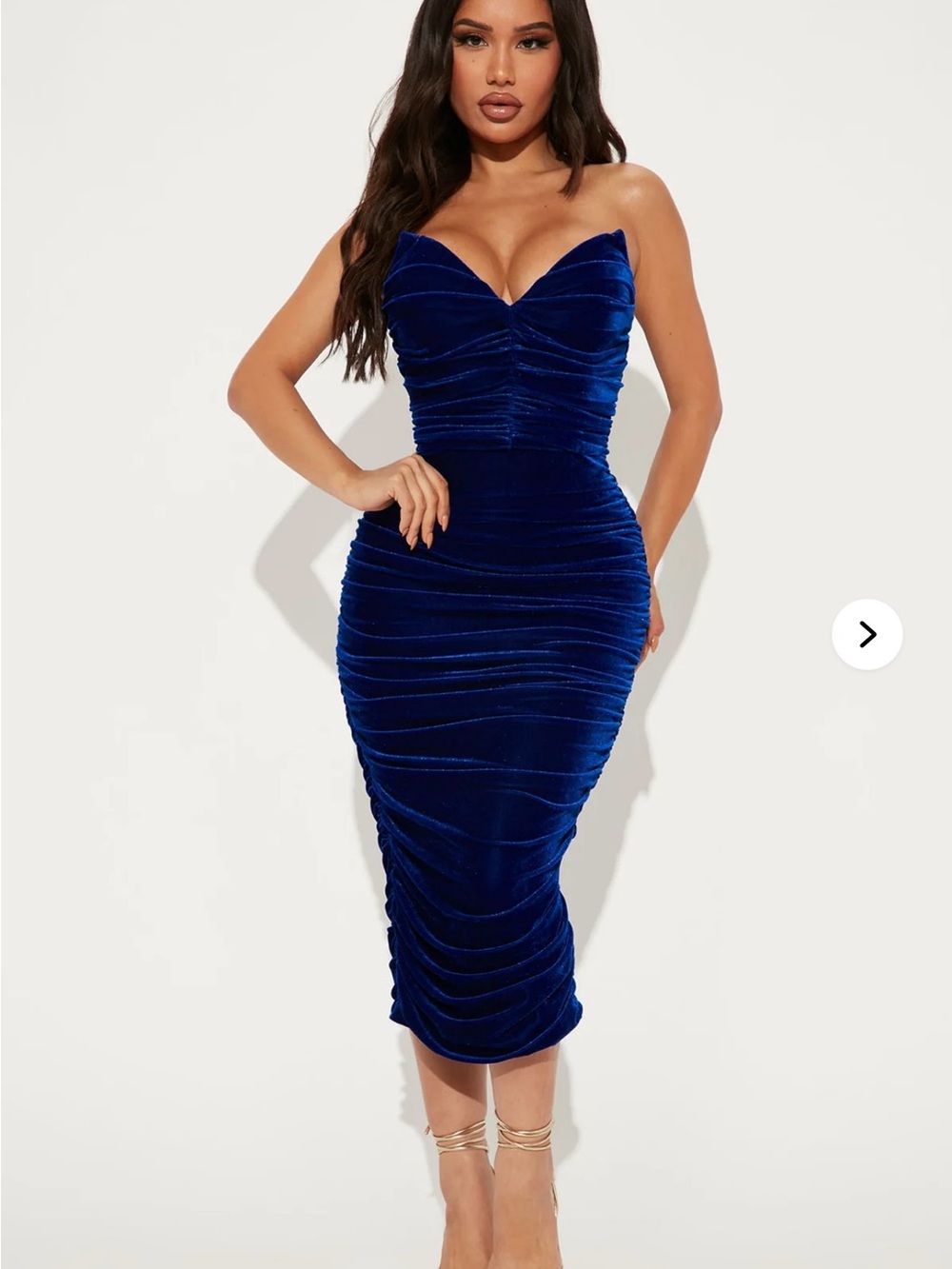 Fashion Nova Strapless Ruched Velvet Midi Dress — Royal Blue